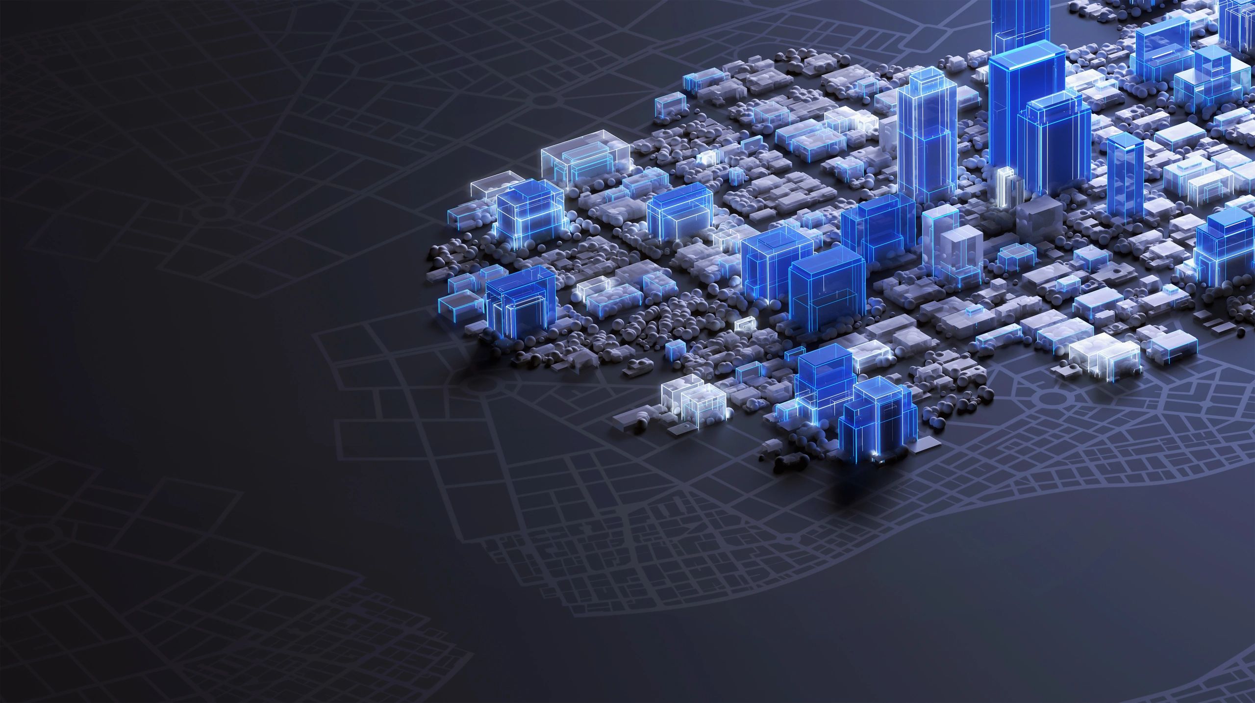 Abstract smart city model with glowing blue lights