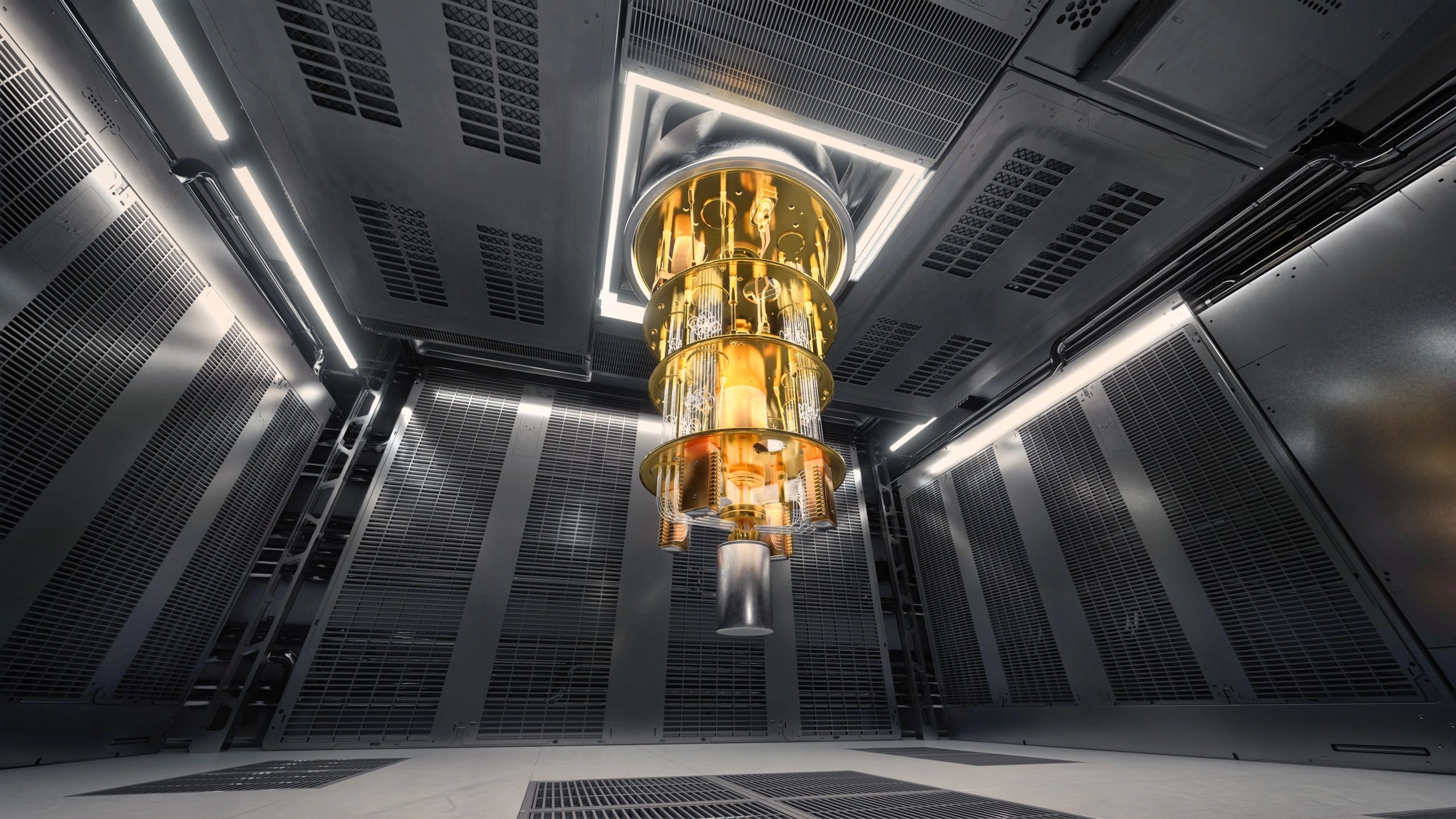 Quantum computer lab with futuristic blue lighting